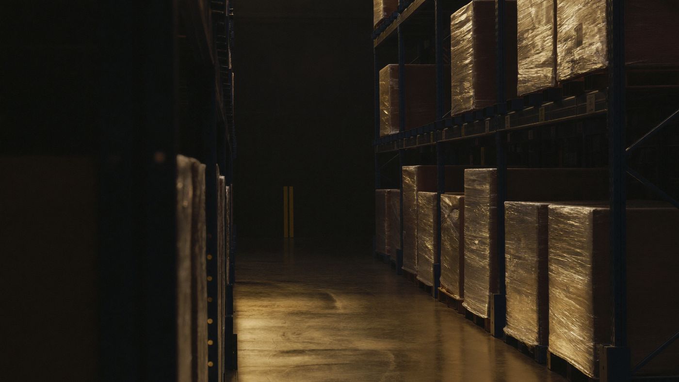 A warehouse aisle of wrapped pallets, warm light across the floor